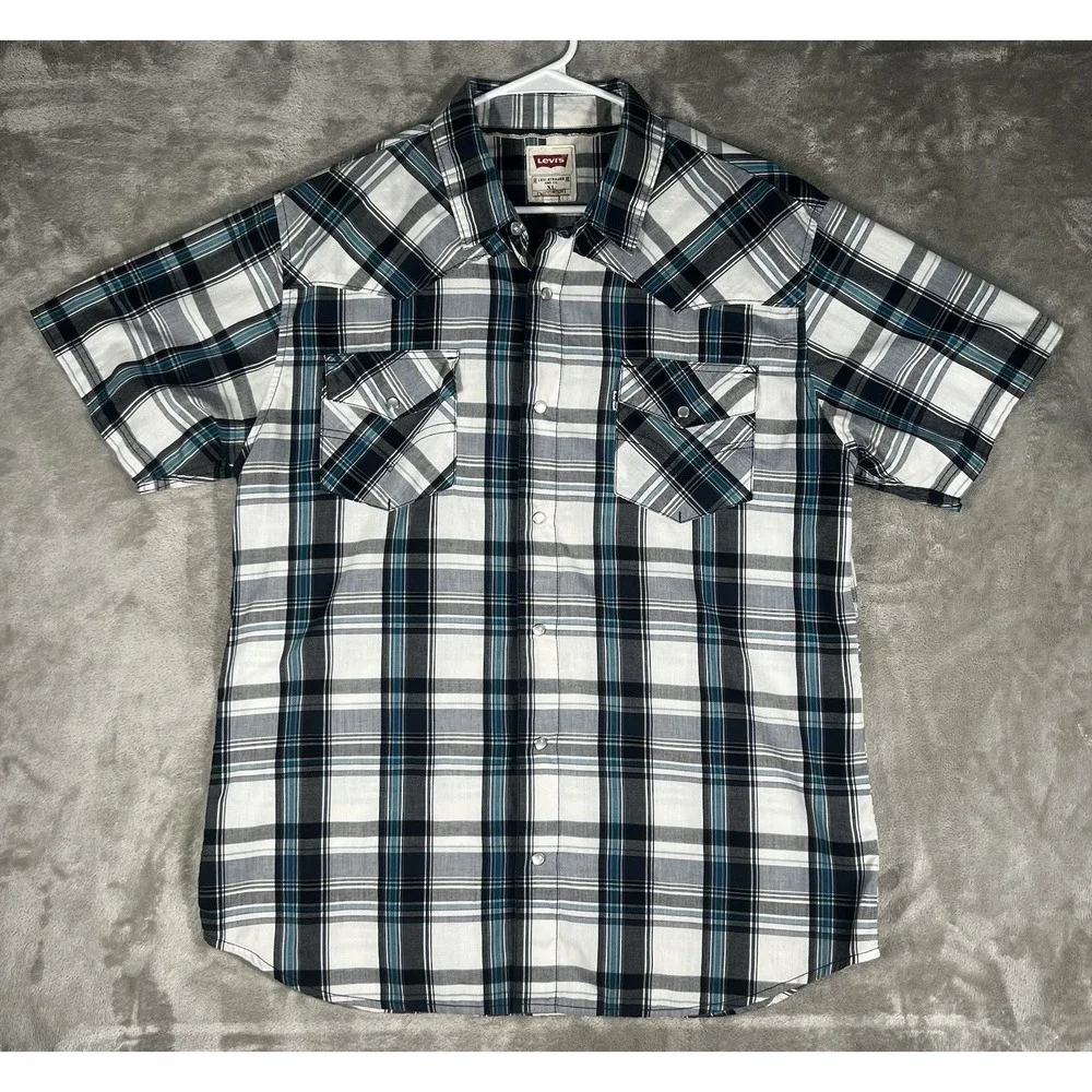 Levis Pearl‎ Snap Flannel Shirt Sz XL Standard short Sleeve Plaid Western Shirt